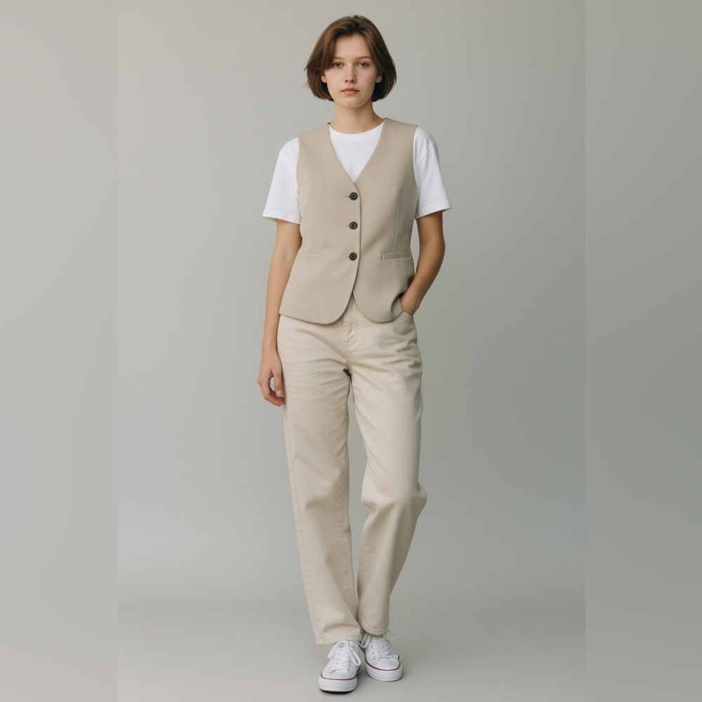 H&M Beige Tailored Button-Front Vest   NWOT